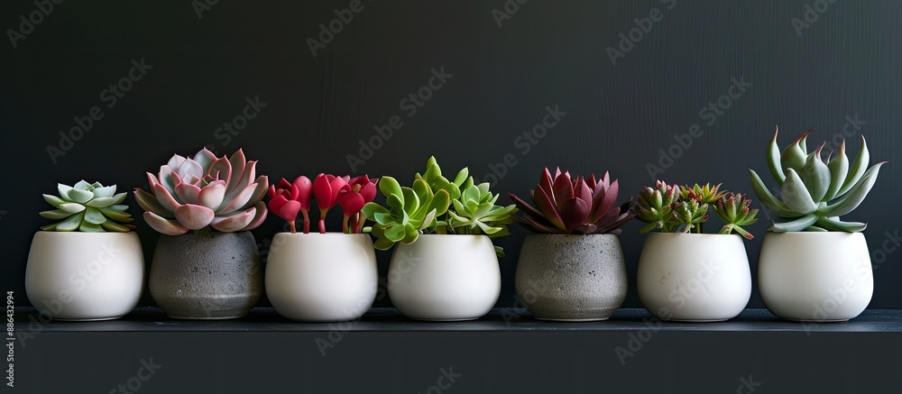 Poster a row of various white ceramic gray concrete pots filled with red lilac and green succulents create 
