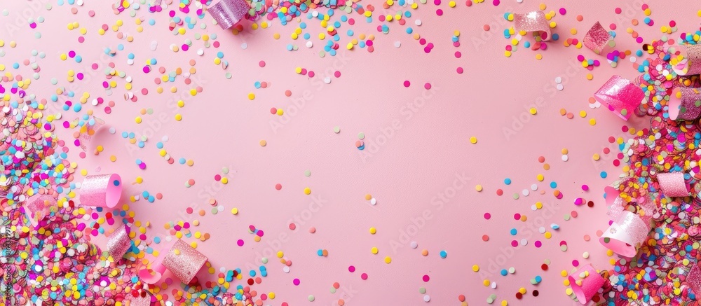 Poster Festive background in soft pink with colorful confetti for text placement Flat lay view from above with a copyspace image