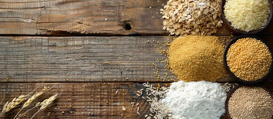 Variety of raw cereal foods like millet brown and white rice flour and oatmeal grains displayed on a weathered wooden background with copy space image
