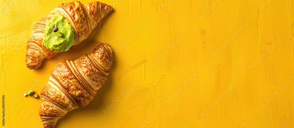 Fototapete a tasty homemade croissant with pistachio filling on a textured yellow background copy space image a