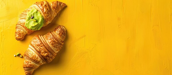 Obraz premium A tasty homemade croissant with pistachio filling on a textured yellow background Copy space image available for text in this flat lay setting