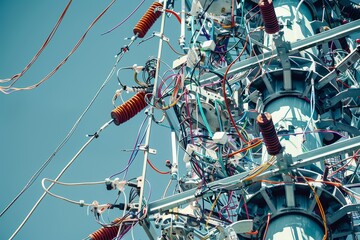 Tall Electrical Tower With Numerous Wires, Electrical wiring snakes its way up the turbine's structure, connecting each component to the central generator