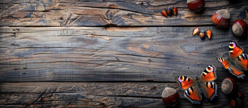 Wooden background showcasing European sweet chestnuts and helicon butterflies seen from above with room for text in the image. with copy space image. Place for adding text or design