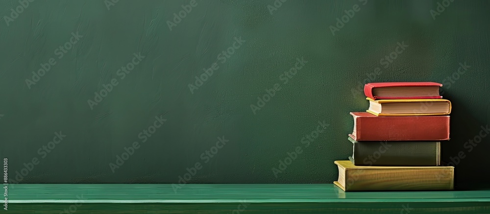 Poster vibrant books on a table with a green wall backdrop providing copy space for text reflects an educat