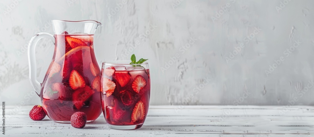 Aufkleber red sangria served in a glass and a jug placed on a white wooden table set against a light grey back