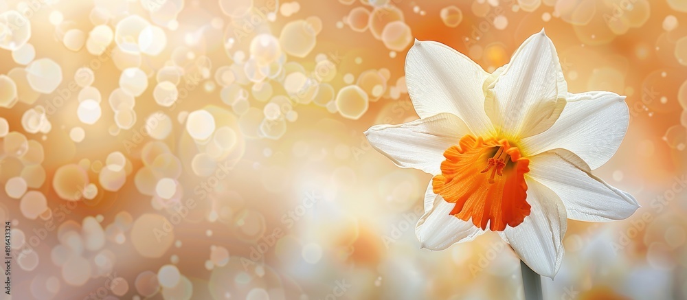 Poster Close up shot of a white and orange daffodil flower with a luminous backdrop ideal for a copy space image