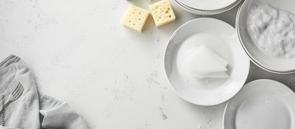 Poster Top down view of a kitchen layout featuring plates sponges and dish soap on a clean white surface with room for text in the image known as a copy space image