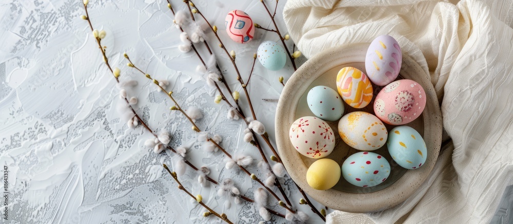 Aufkleber a festive easter arrangement with vibrant eggs displayed in a beige plate on top of a white towel co