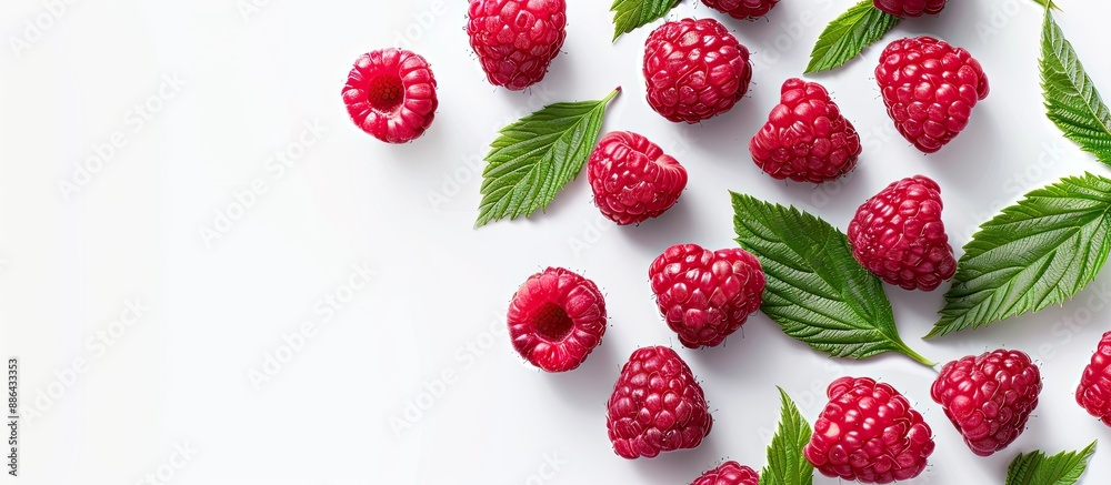 Poster organic raspberries with leaves isolated on a white background perfect for a copy space image health