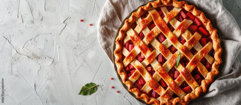 Leinwandbilder Freshly made rhubarb pie on a linen cloth in a flat lay composition with room for additional elements copy space image