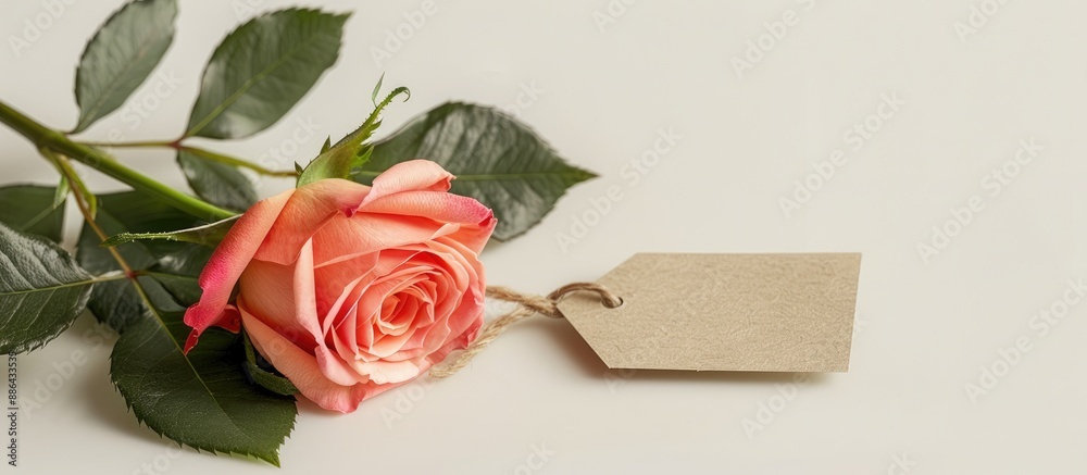 Poster Rose with a tag on a blank backdrop for text as a copy space image