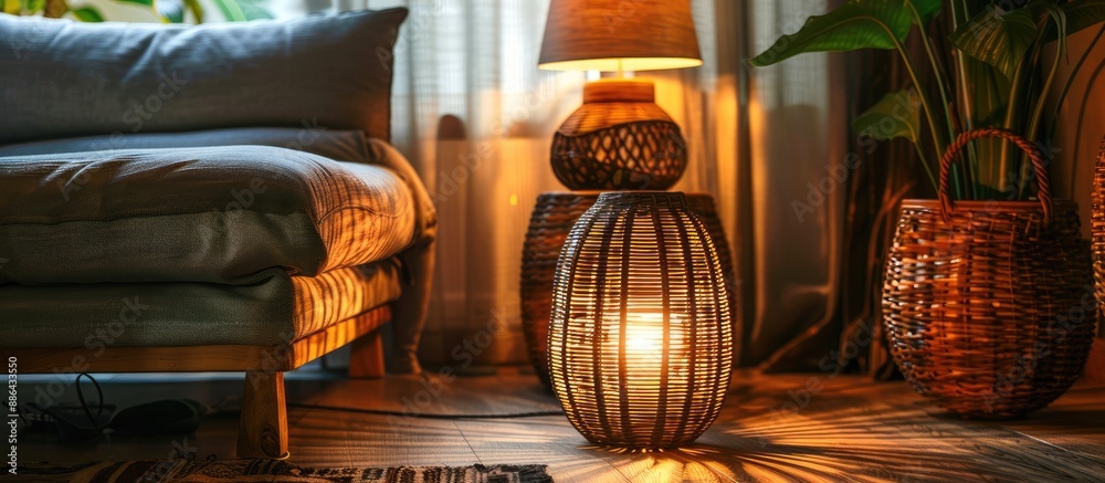 Poster A wooden lamp and wicker footrest set beside a couch offering a cozy ambiance with a rustic touch creating a warm and inviting space for relaxation with a copy space image