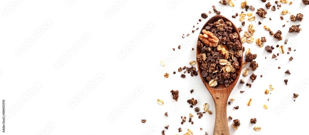 Poster wooden spoon with chocolate granola and nuts isolated on white background for copy space image