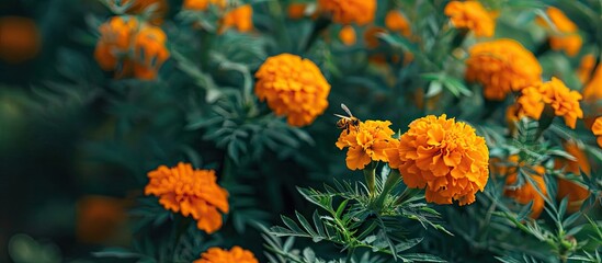 Focus on the marigold flower and honey bee in the copy space image