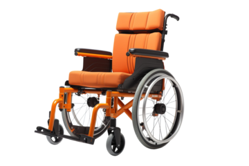 A Vibrant Orange Wheelchair With Padded Seat and Spokes on a White or Clear Surface PNG Transparent Background