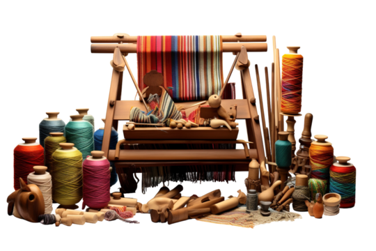 A Weavers Workshop: Tools and Threads for Crafting Woven Tapestry on a White or Clear Surface PNG Transparent Background