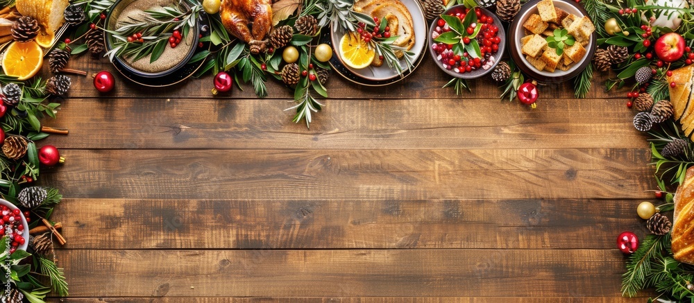 Poster festively decorated table with a holiday theme suitable as a backdrop for photos with empty space fo