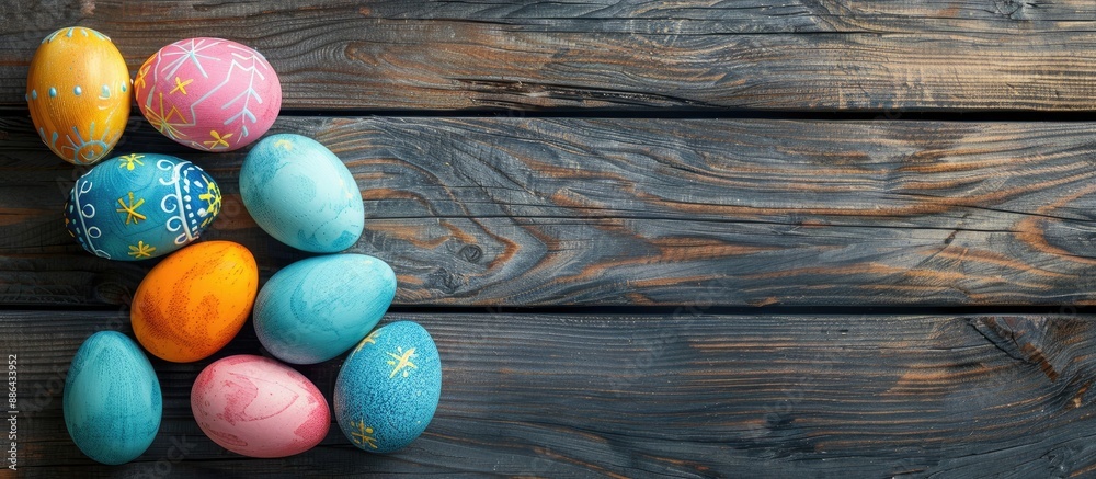 Aufkleber Vibrant Easter eggs displayed on a wooden surface with available space for text ideal for flat lay photography. with copy space image. Place for adding text or design