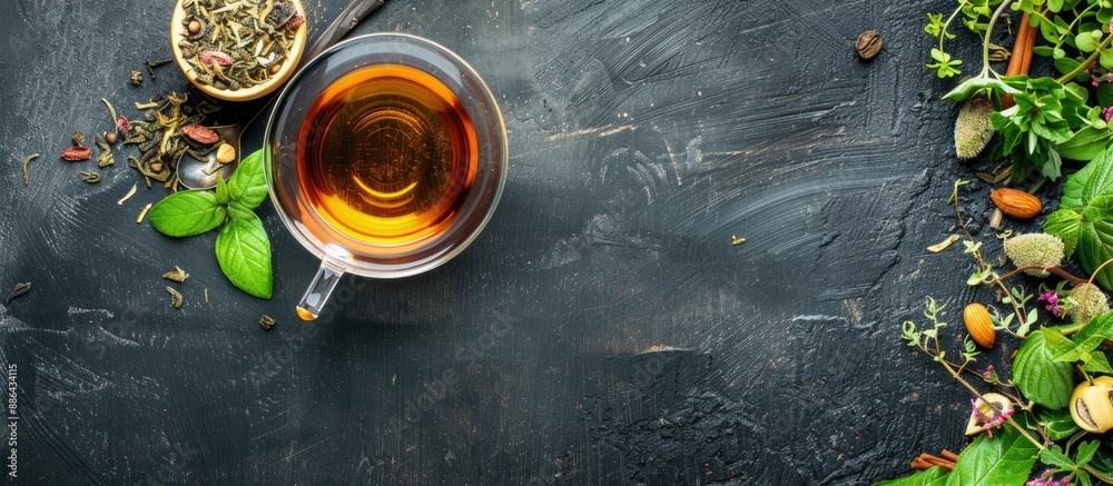 Poster Top view of herbal tea displayed with a cup on a wooden table featuring a chalkboard for adding text or images in the copy space image