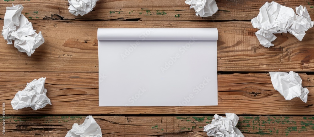 Poster wooden floor with crumpled paper surrounding a white note paper pad providing a copy space image