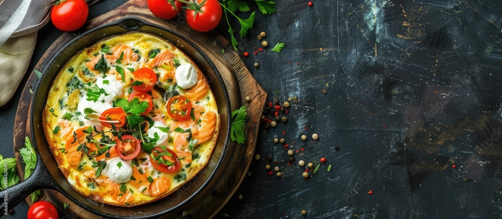 Poster top down shot of a breakfast dish comprising salmon omelet in cast iron with sour cream sauce comple