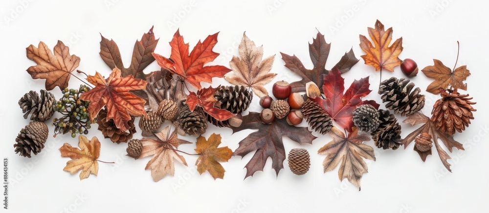Leinwandbilder autumn themed arrangement with leaves acorns and pine cones on a white background perfect for showca