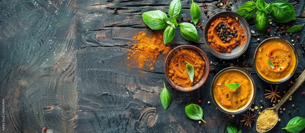 Leinwandbilder flat lay of delectable curry sauce powder and basil leaves on a rustic grey wooden table with room f