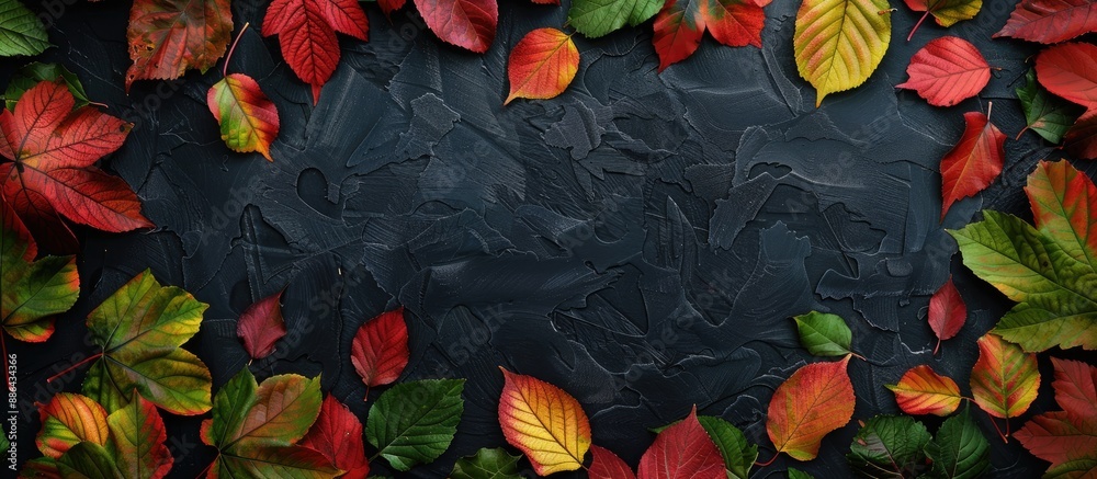 Aufkleber autumn themed top view flat lay with red green and yellow leaves forming a frame on a black backgrou