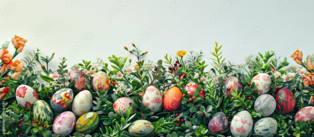 Poster Floral arrangement with boxwood and colorful eggs suitable for an Easter card with space for text or images. with copy space image. Place for adding text or design