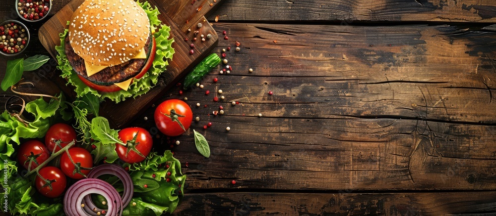 Poster a vegan zucchini burger and its components presented on a textured wooden surface with space for add