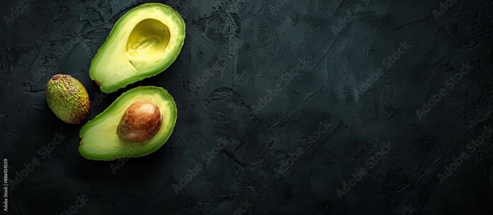Poster Half an avocado on a black table with a copy space image for a healthy food concept