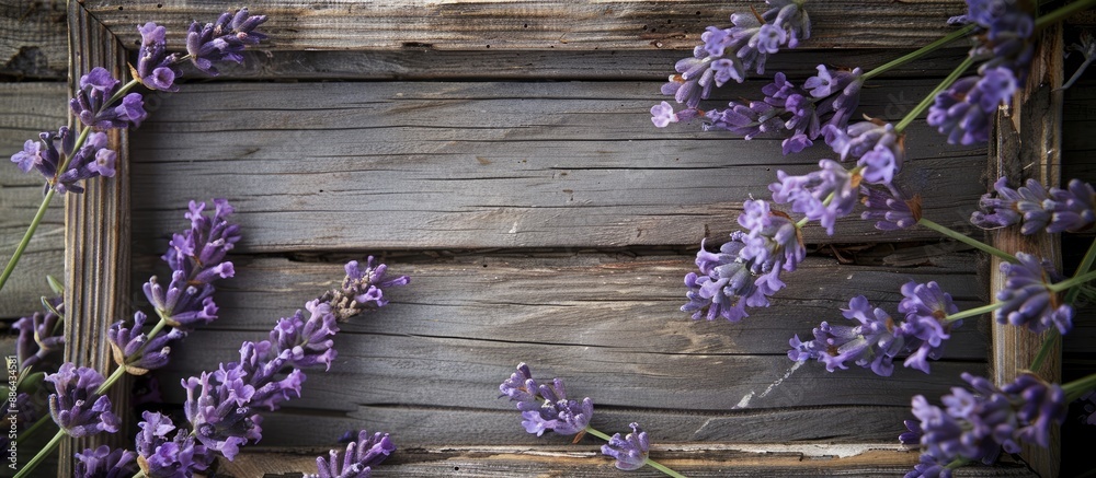 Aufkleber Selective focus on a lavender frame against a rustic wooden backdrop with empty space for text or image insertion. with copy space image. Place for adding text or design