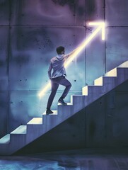 Side view of young man climbing illuminated arrow stairs to success on concrete wall background in interior. Financial growth, career development and forward concept 