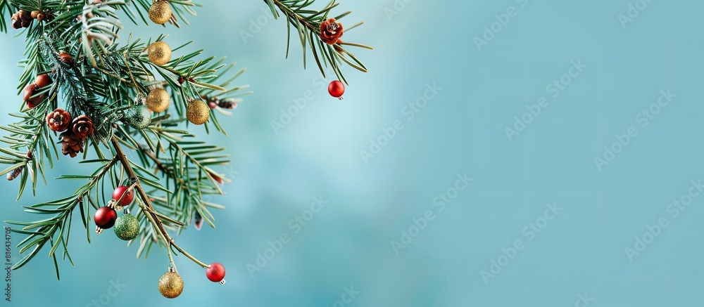 Poster christmas ornaments adorn a coniferous branch against a blue background in a serene copy space image