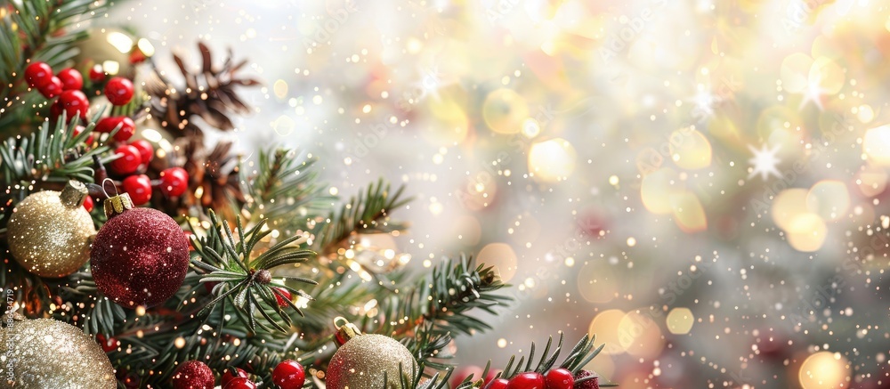 Poster festive christmas card with fir branches and ornaments on a sparkling background with copy space ima