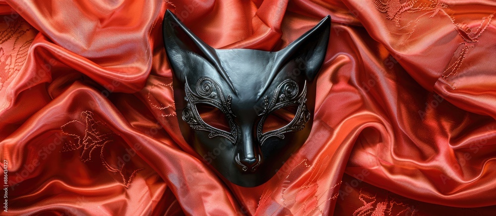 Poster a black leather cat mask displayed on a vibrant red silk backdrop with lace details ideal for masque