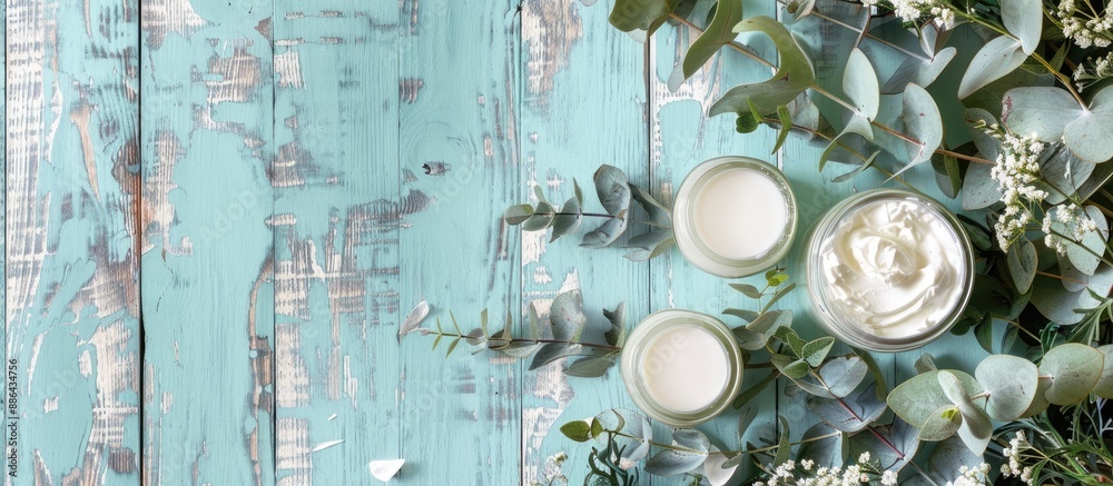 Aufkleber colorful wooden background showcasing jars filled with cream and eucalyptus branches surrounded by c