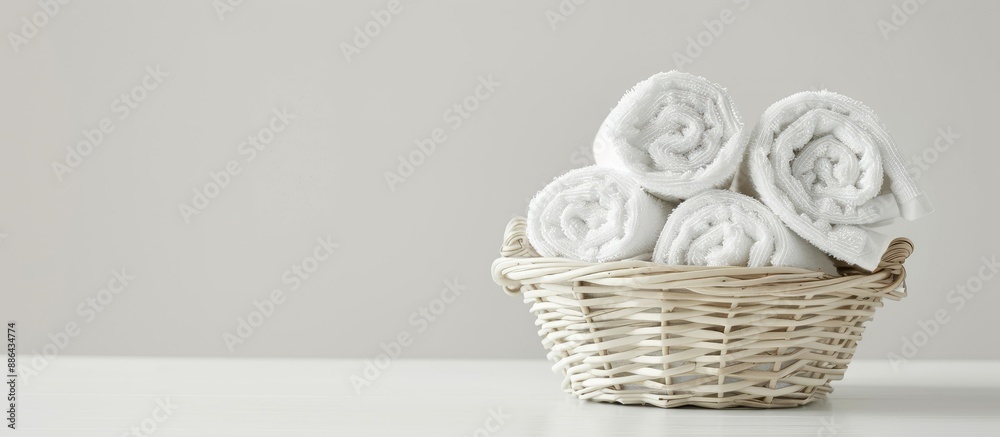 Poster White towels neatly rolled in a basket on a white table with a copy space image