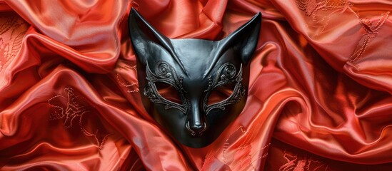 A black leather cat mask displayed on a vibrant red silk backdrop with lace details ideal for masquerade or carnival themes shown from a top view offering a copy space image