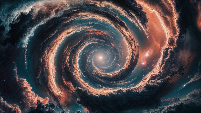 Detailed view of a spiral galaxy vortex with vibrant stars and nebulae, highlighting the dynamic beauty and phenomena of the cosmos