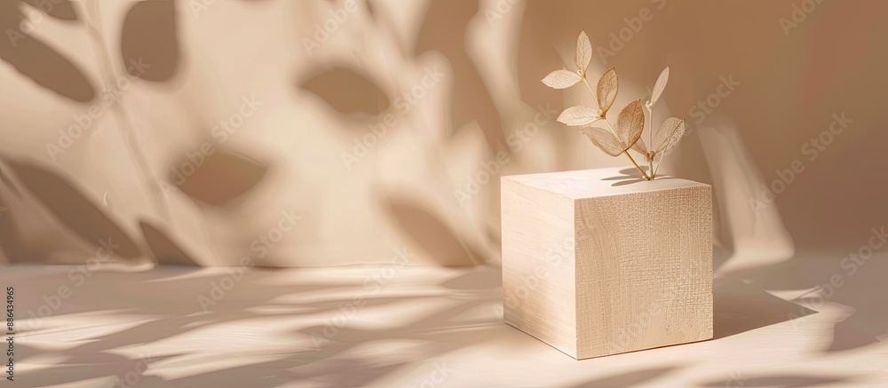 Aufkleber a simple wooden cube with shadows leaves on beige backdrop ideal for product presentations or cosmet