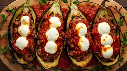 Obraz premium Eggplant Casserole, Roasted Eggplant Dish with Minced Meat, Tomato Sauce and Mozzarella over Wooden Background