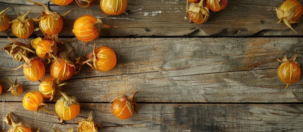 Poster Overhead shot of cape gooseberries on a wooden surface with space for additional images