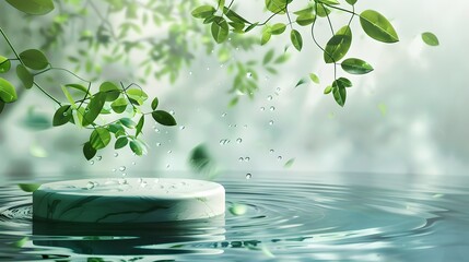 Tranquil Zen Garden with Floating Leaves and Water Ripples in Serene Natural Setting