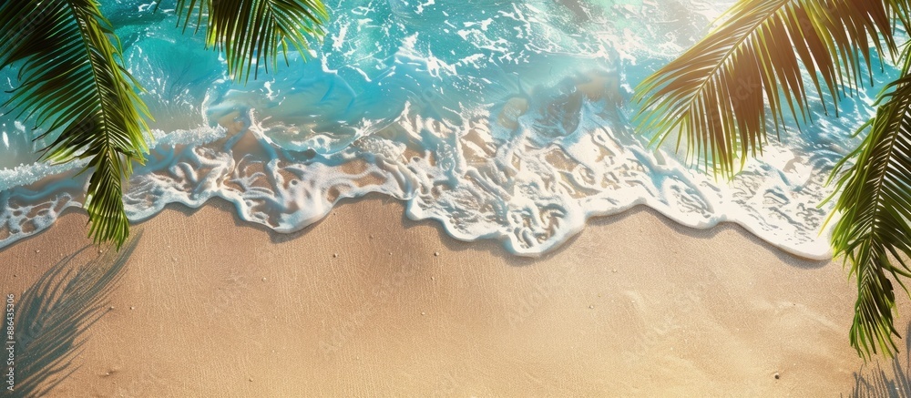 Aufkleber Sunny tropical beach scene with a gentle sea wave rolling on the sand and plenty of copy space for adding text or images in the top down view