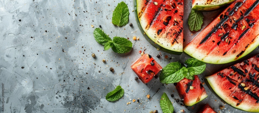 Poster grilled watermelon slices with mint in a close up copy space image