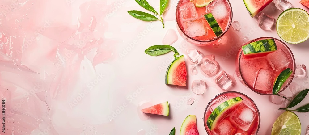 Fototapete Watermelon lemonade cocktail with lime and watermelon slices on a chic white and pink background with space for text or images. with copy space image. Place for adding text or design