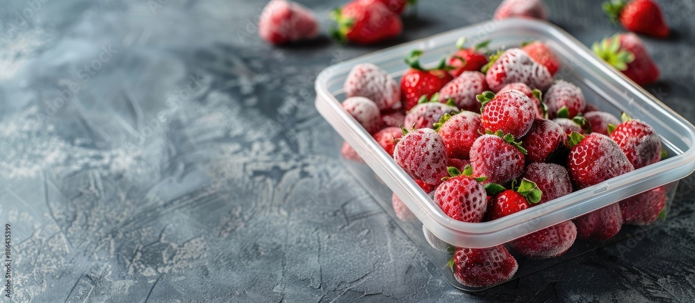 Aufkleber A square container filled with frozen strawberries with space available for additional content in the image
