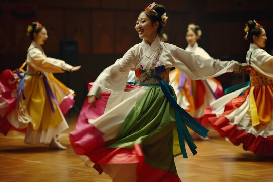 Korean dancers in vibrant costumes showcasing traditional dance moves on a polished wooden floor, Elegant dancers performing graceful movements to the beats of traditional music