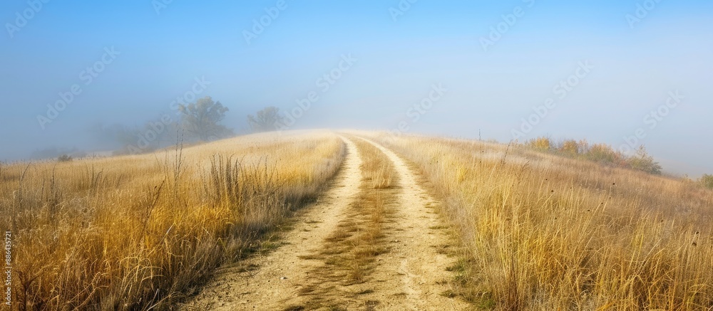Aufkleber Scenic walking trail within a foggy setting with a blue sky backdrop perfect for photos with a large blank space for text or graphics. with copy space image. Place for adding text or design